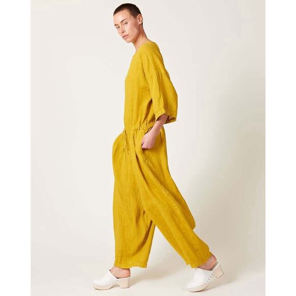 Black Crane Pea Jumpsuit Gold Linen XS Balloon Leg Minimalist Made in USA - Picture 3 of 14